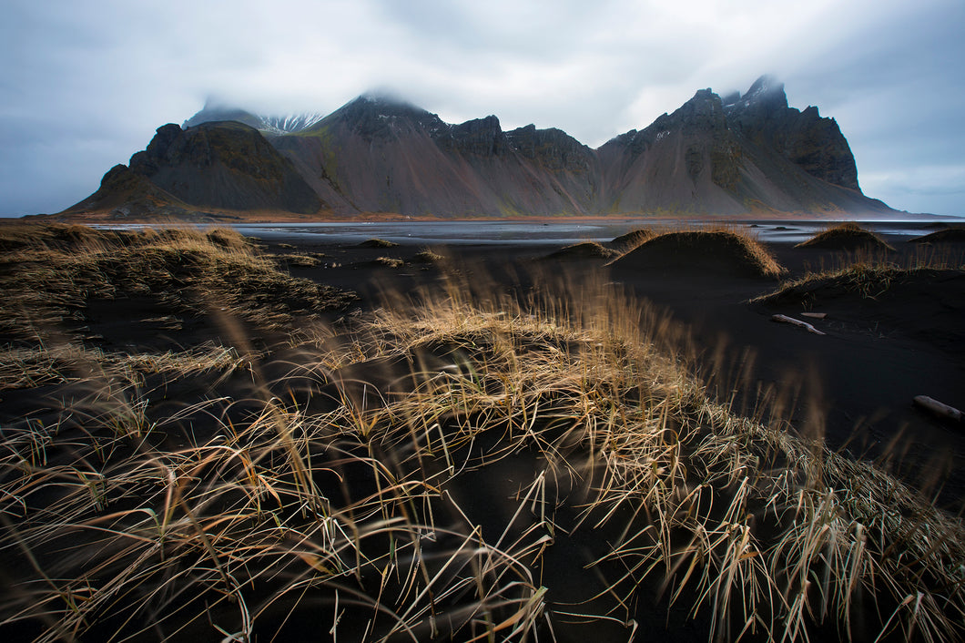 Another typically epic Icelandic scene, with windswept dunes with distant mountains. Stokksnes, Iceland. 